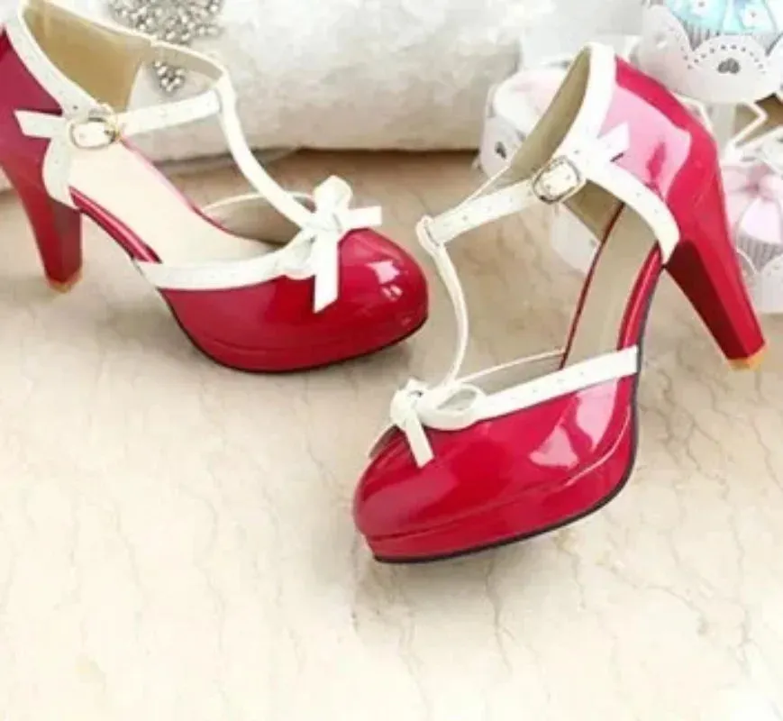 1950s Vintage Style T-Strap High Heel Party Shoe Pumps With Bow