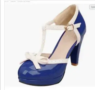 1950s Vintage Style T-Strap High Heel Party Shoe Pumps With Bow