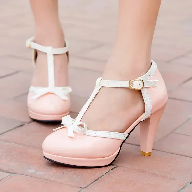 1950s Vintage Style T-Strap High Heel Party Shoe Pumps With Bow