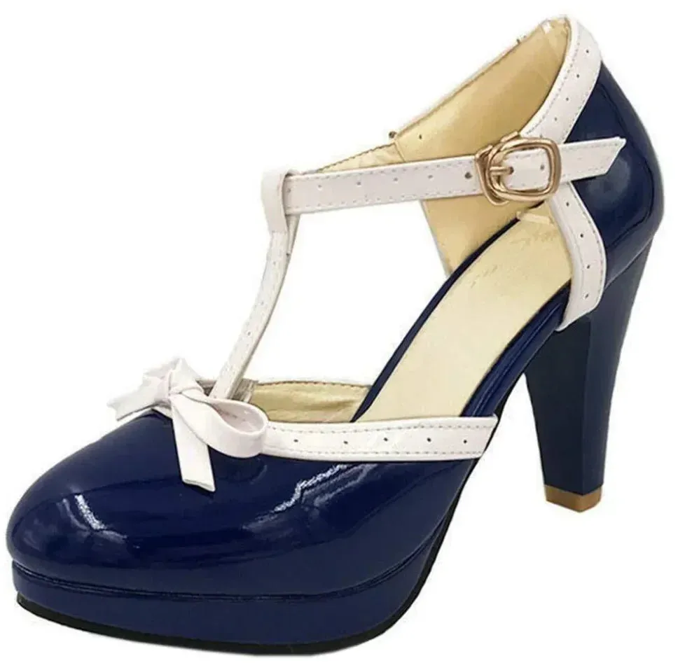 1950s Vintage Style T-Strap High Heel Party Shoe Pumps With Bow