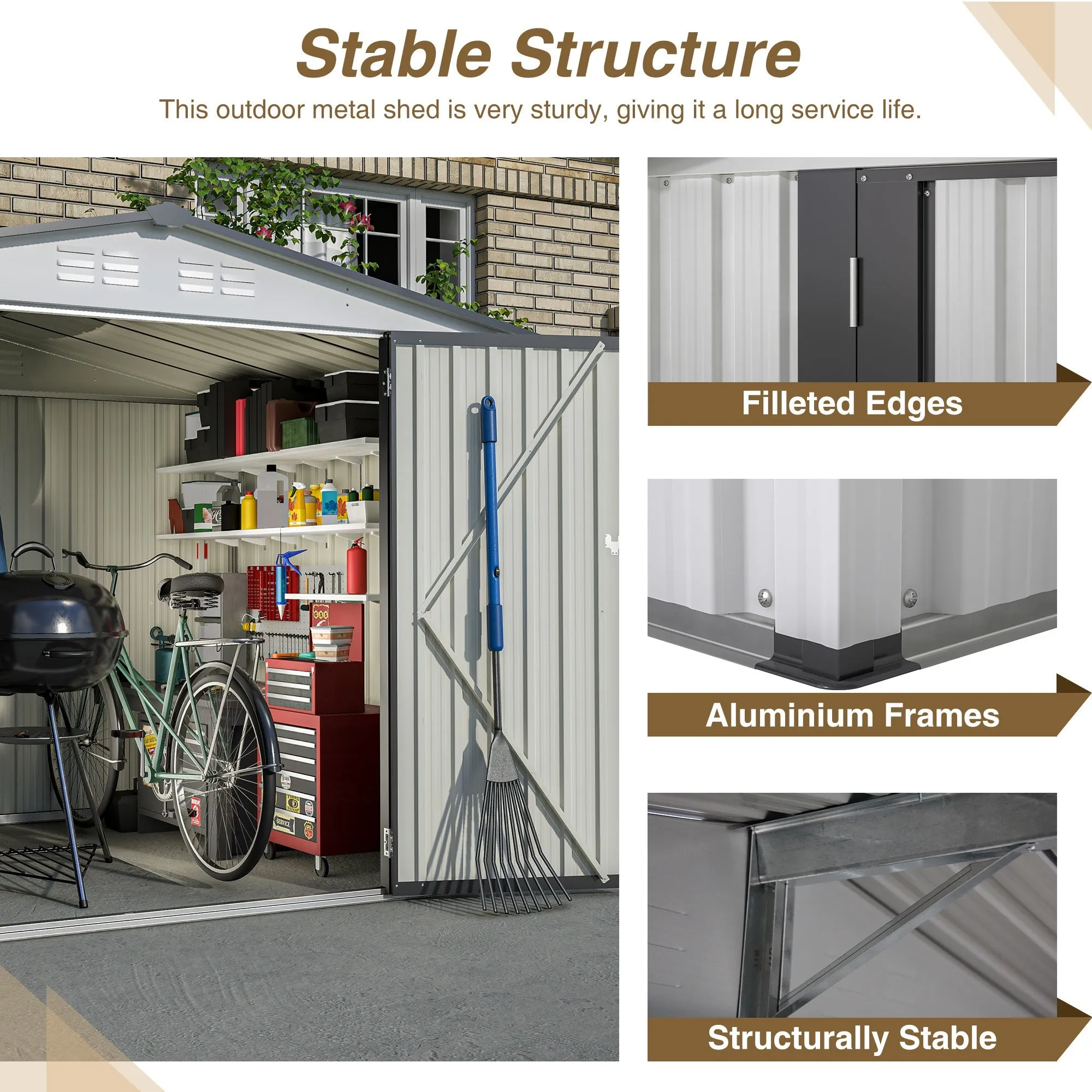 8 x 6 ft Outdoor Storage Shed, All Weather Metal Sheds with 2
