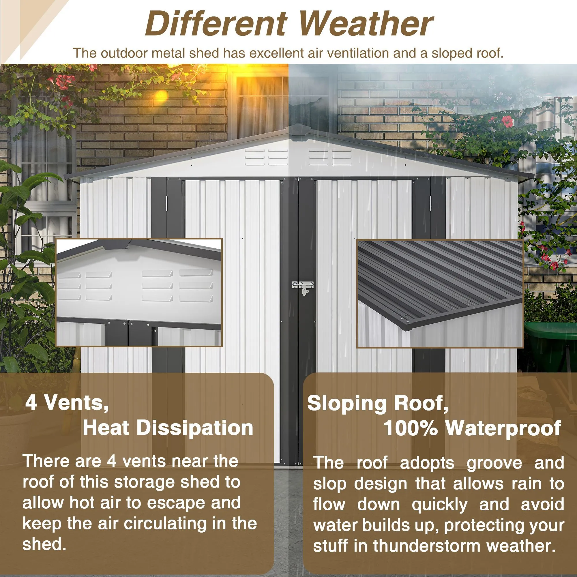 8 x 6 ft Outdoor Storage Shed, All Weather Metal Sheds with 2