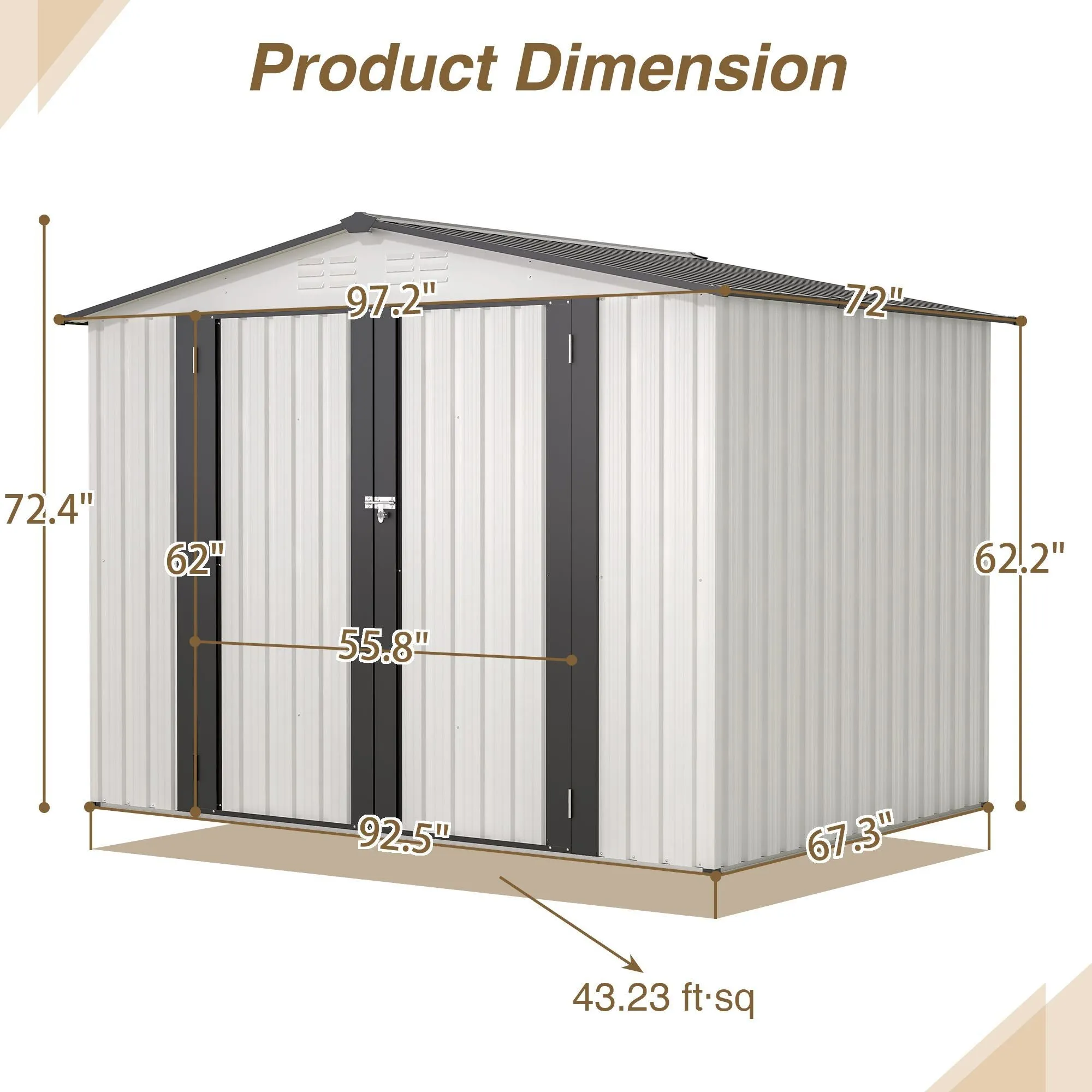 8 x 6 ft Outdoor Storage Shed, All Weather Metal Sheds with 2