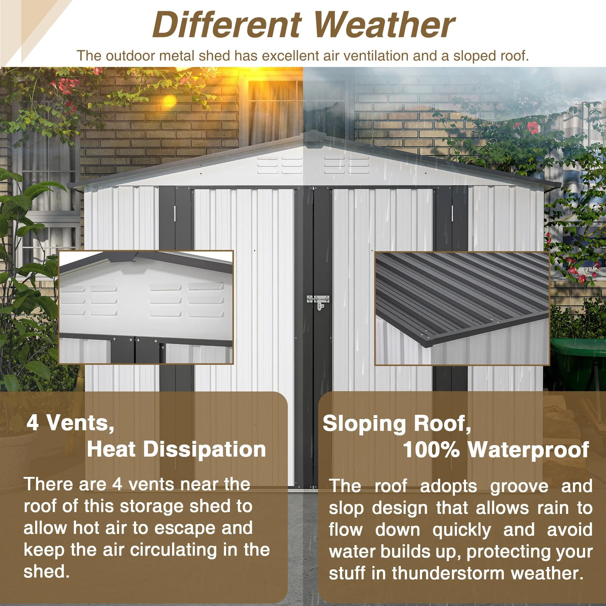8 x 6 ft Outdoor Storage Shed, All Weather Metal Sheds with 2