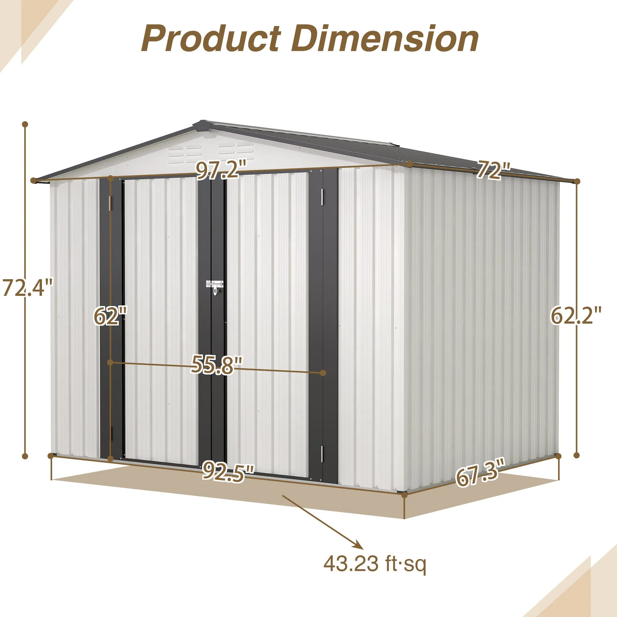 8 x 6 ft Outdoor Storage Shed, All Weather Metal Sheds with 2
