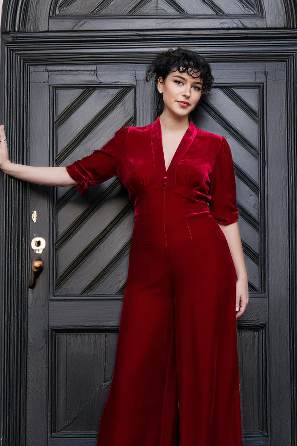Alana jumpsuit in red silk velvet