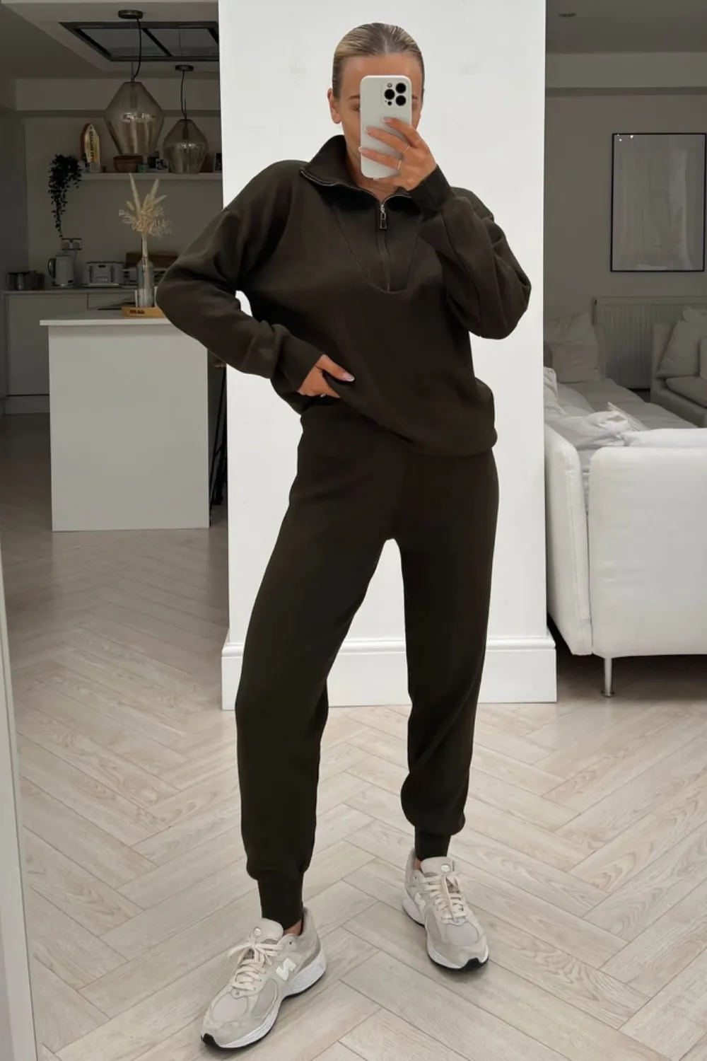 Bella khaki long sleeve 1/4 zip neck loungewear set