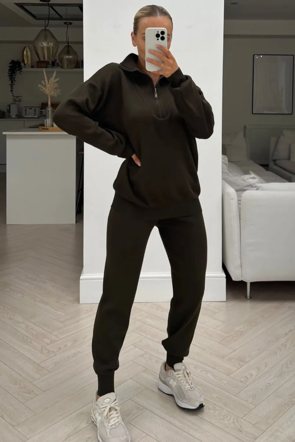 Bella khaki long sleeve 1/4 zip neck loungewear set