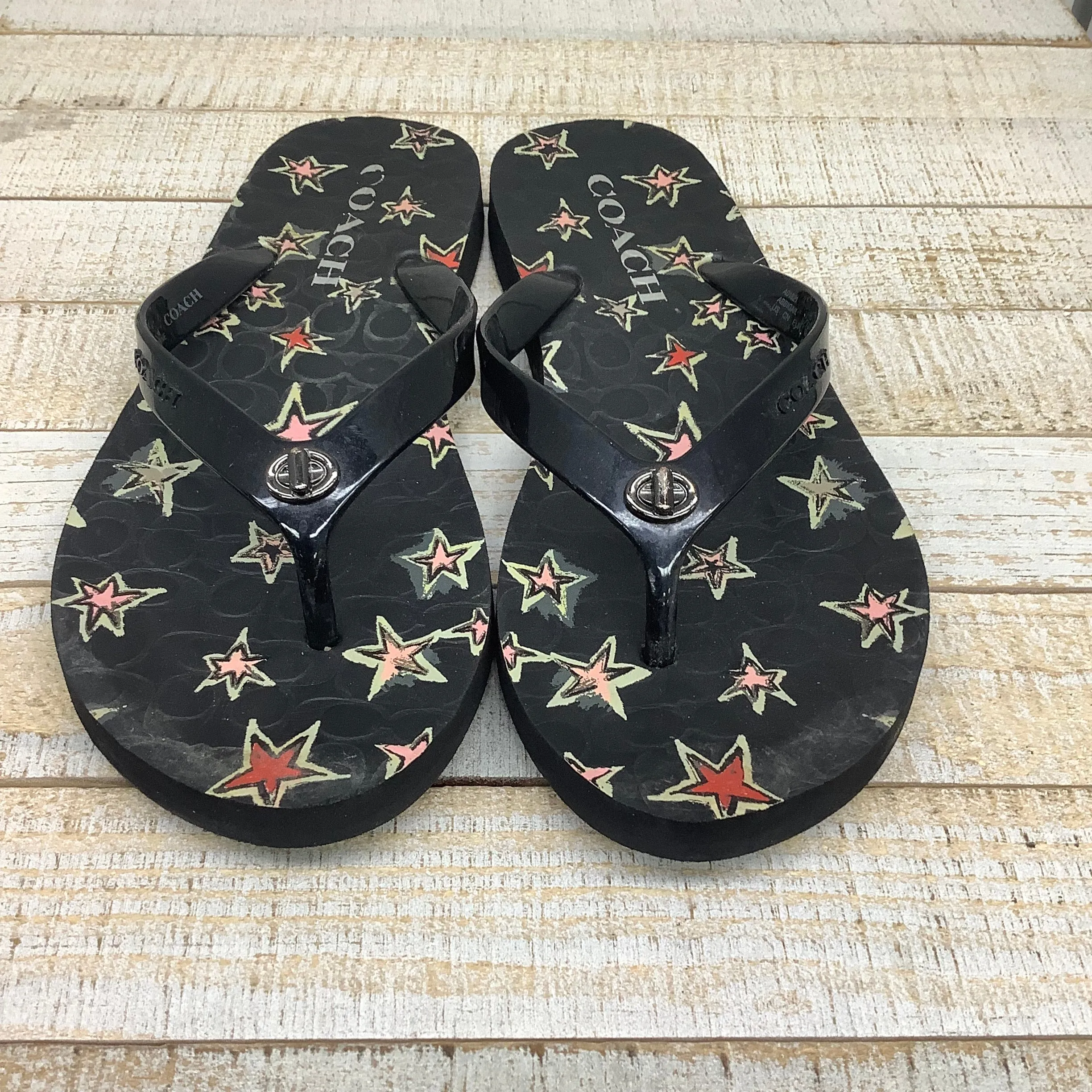 Black Sandals Flip Flops designer by Coach, Size 6