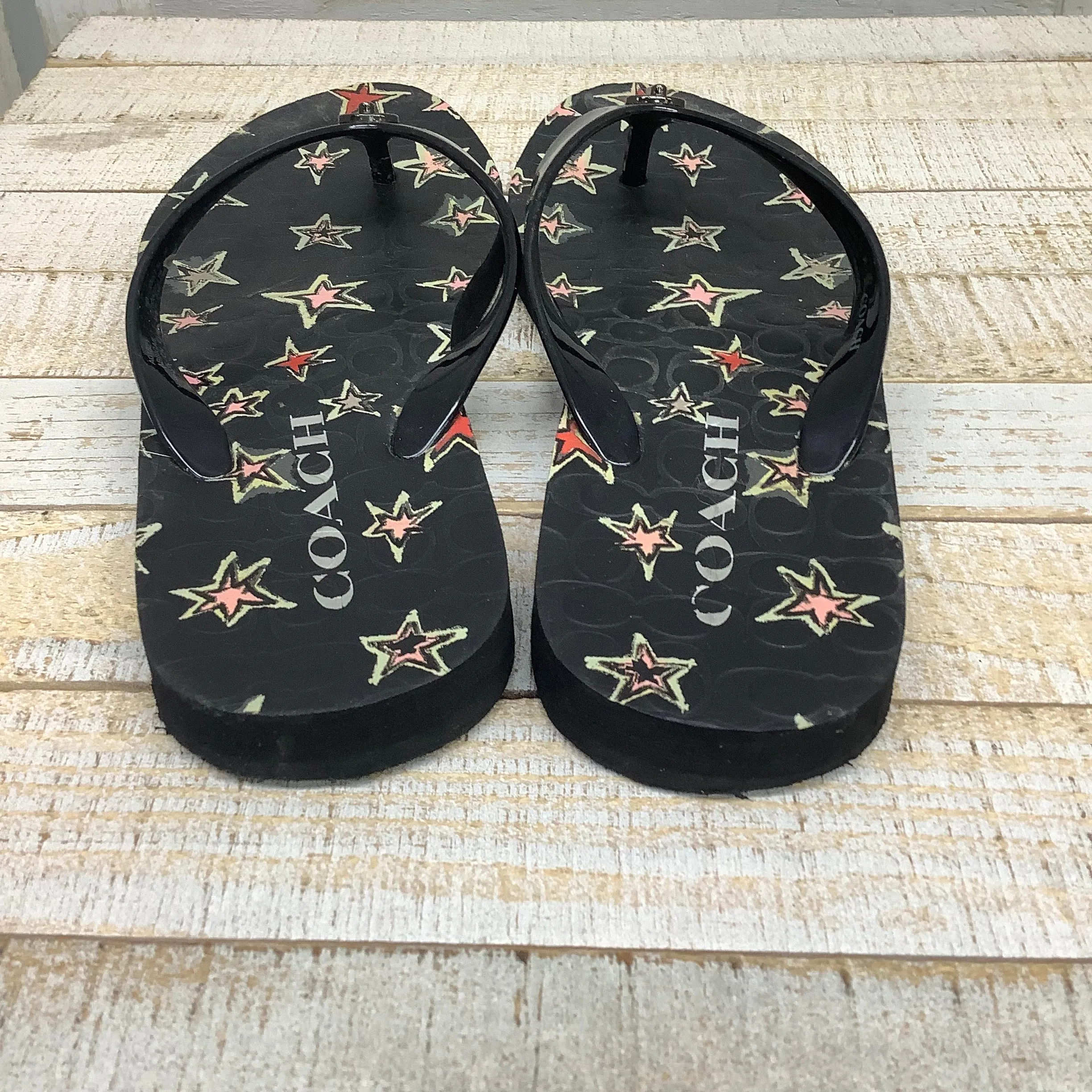 Black Sandals Flip Flops designer by Coach, Size 6