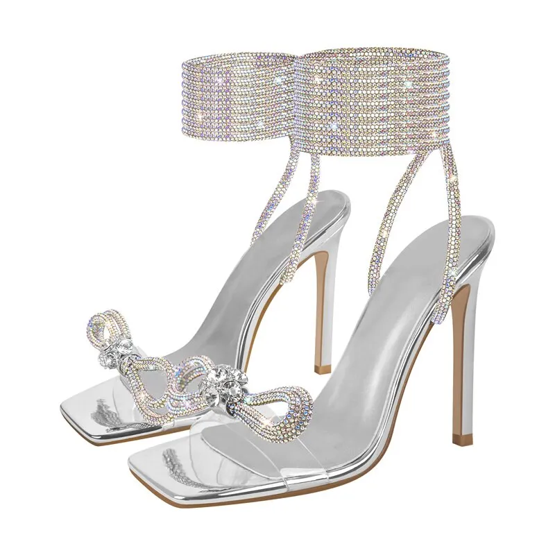Bow Rhinestone Crystal Square Toe Cross Strap High Heel Sandals