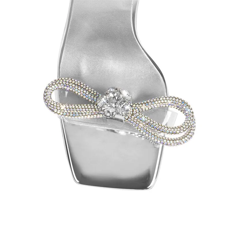Bow Rhinestone Crystal Square Toe Cross Strap High Heel Sandals