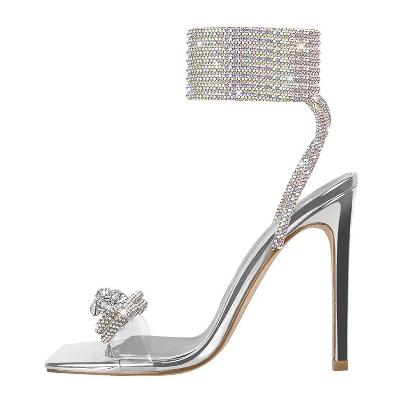 Bow Rhinestone Crystal Square Toe Cross Strap High Heel Sandals