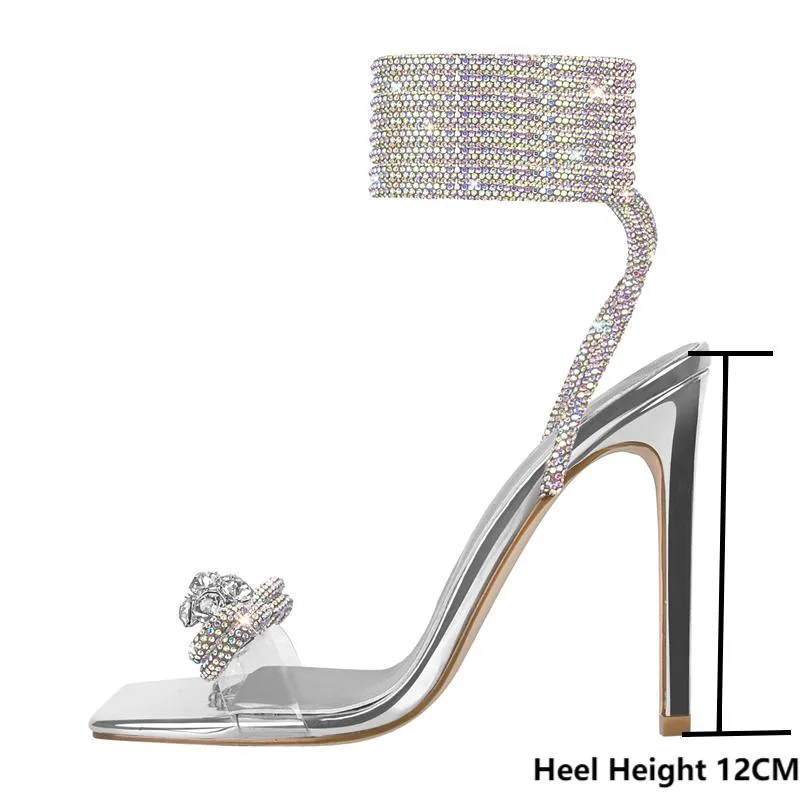 Bow Rhinestone Crystal Square Toe Cross Strap High Heel Sandals