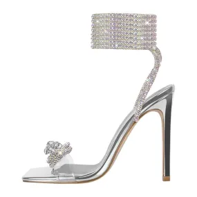 Bow Rhinestone Crystal Square Toe Cross Strap High Heel Sandals