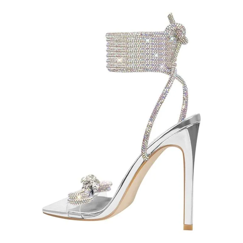 Bow Rhinestone Crystal Square Toe Cross Strap High Heel Sandals