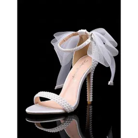 Chic Satin Ankle Strap Wedding Heels with Pearl Accents and Bow Detail – Perfect Bridal Footwear for Special Occasions