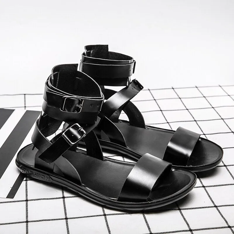 Hnzxzm Sandals for Men Black White Color Pu Leather Classics Casual Beach Designer Sandalias Double Buckle Summer Slippers Light Shoes