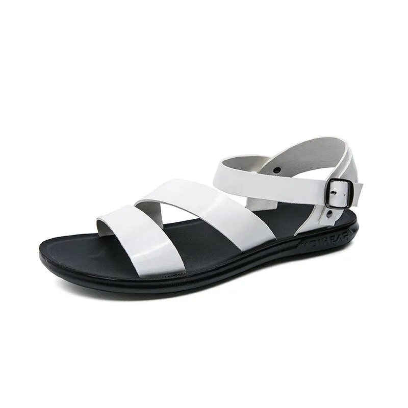Hnzxzm Sandals for Men Black White Color Pu Leather Classics Casual Beach Designer Sandalias Double Buckle Summer Slippers Light Shoes