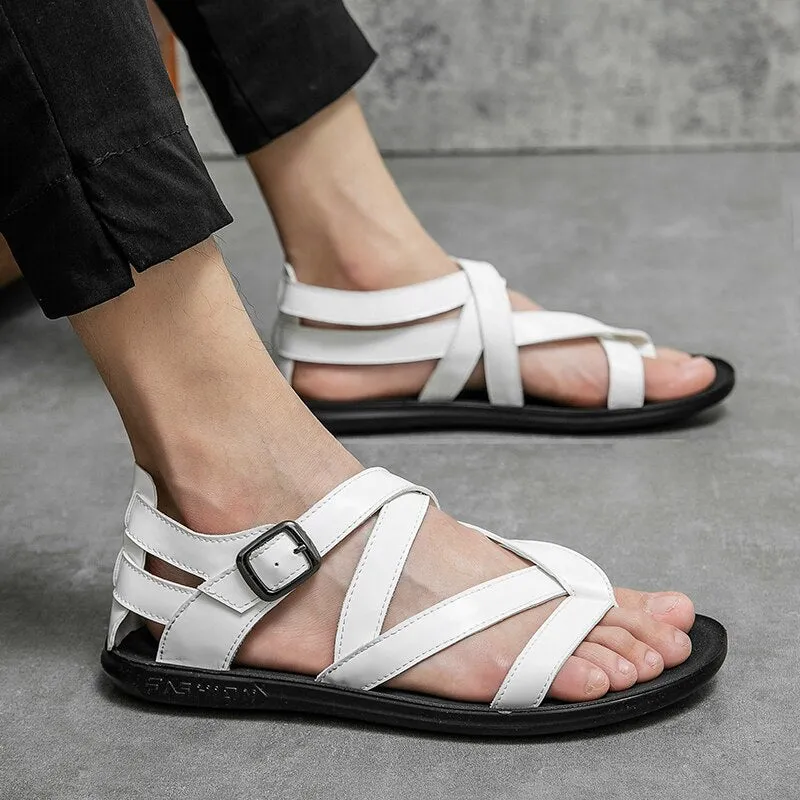 Hnzxzm Sandals for Men Black White Color Pu Leather Classics Casual Beach Designer Sandalias Double Buckle Summer Slippers Light Shoes