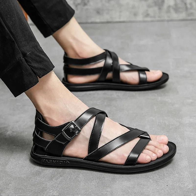 Hnzxzm Sandals for Men Black White Color Pu Leather Classics Casual Beach Designer Sandalias Double Buckle Summer Slippers Light Shoes