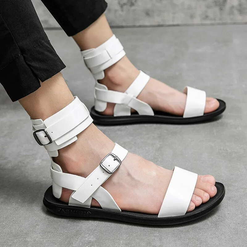 Hnzxzm Sandals for Men Black White Color Pu Leather Classics Casual Beach Designer Sandalias Double Buckle Summer Slippers Light Shoes