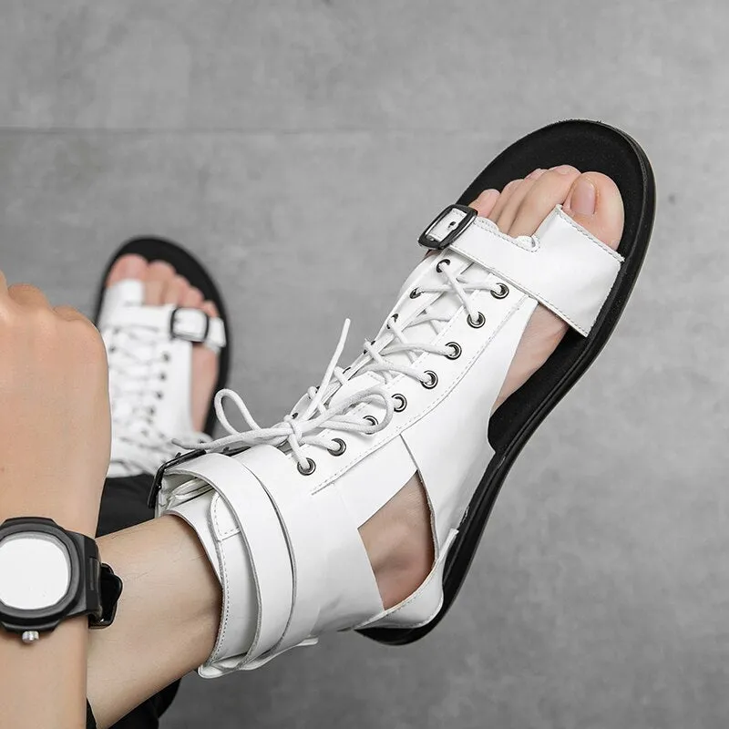Hnzxzm Sandals for Men Black White Color Pu Leather Classics Casual Beach Designer Sandalias Double Buckle Summer Slippers Light Shoes