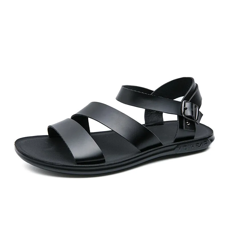 Hnzxzm Sandals for Men Black White Color Pu Leather Classics Casual Beach Designer Sandalias Double Buckle Summer Slippers Light Shoes