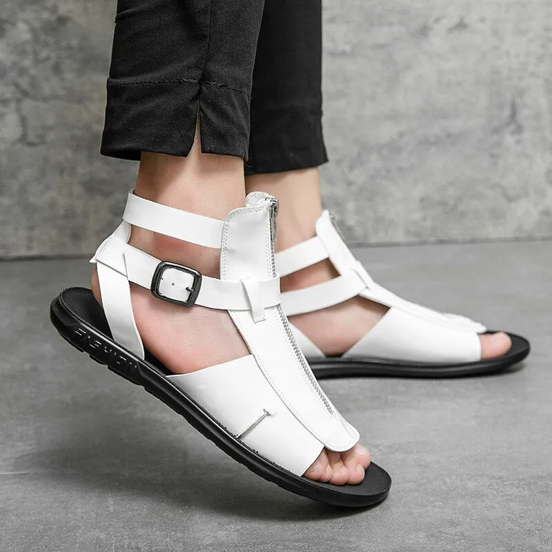 Hnzxzm Sandals for Men Black White Color Pu Leather Classics Casual Beach Designer Sandalias Double Buckle Summer Slippers Light Shoes