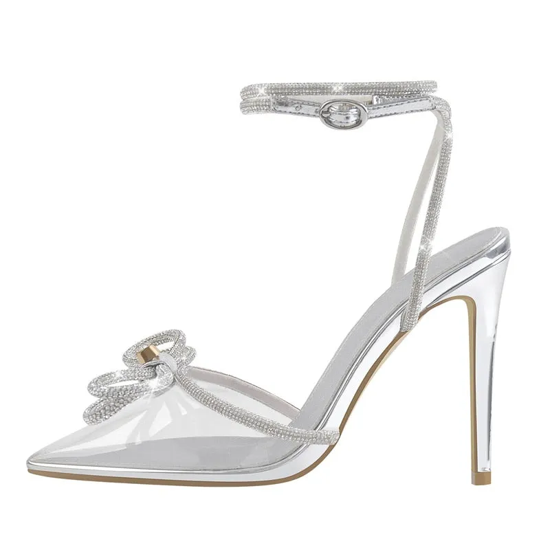 Pointed Toe Satin Butterfly Crystal Ankle Sandals