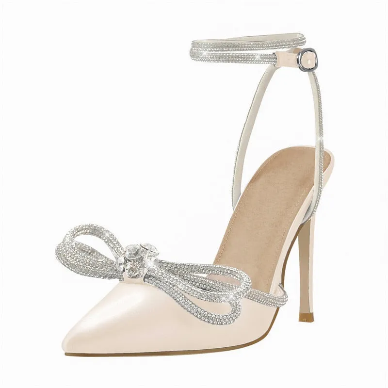 Pointed Toe Satin Butterfly Crystal Ankle Sandals