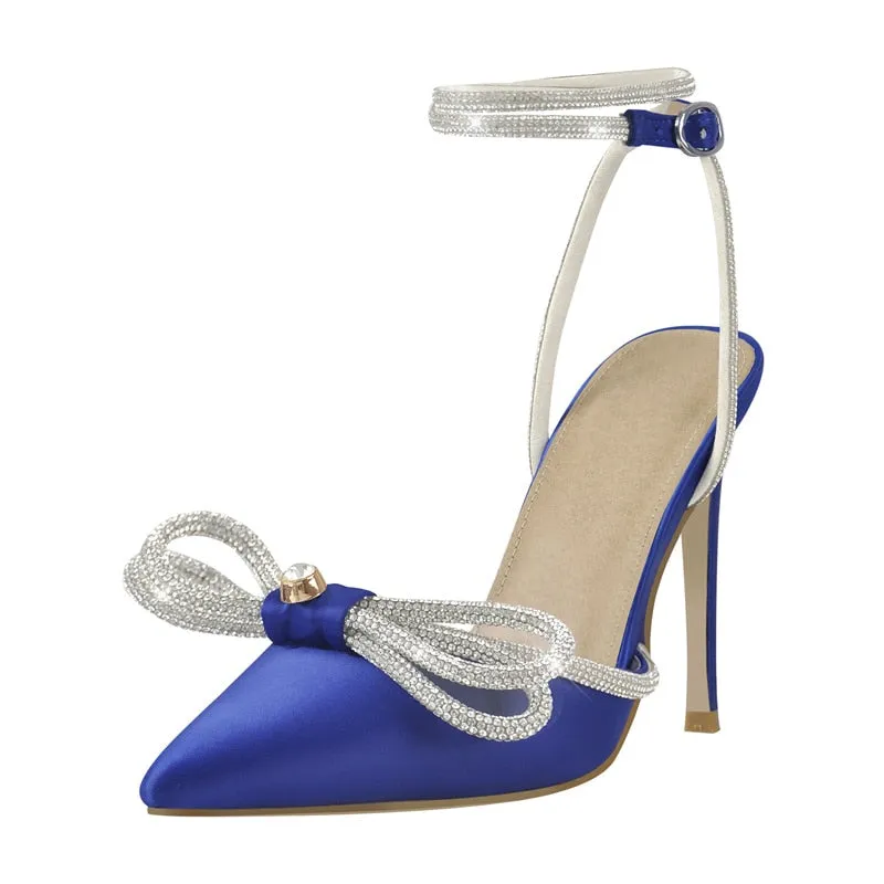 Pointed Toe Satin Butterfly Crystal Ankle Sandals