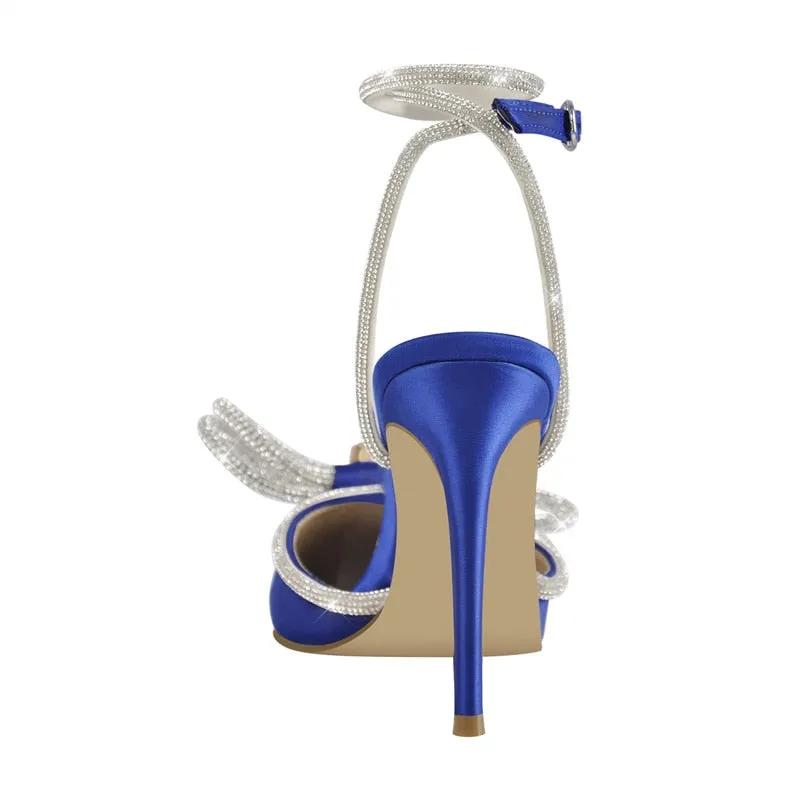 Pointed Toe Satin Butterfly Crystal Ankle Sandals