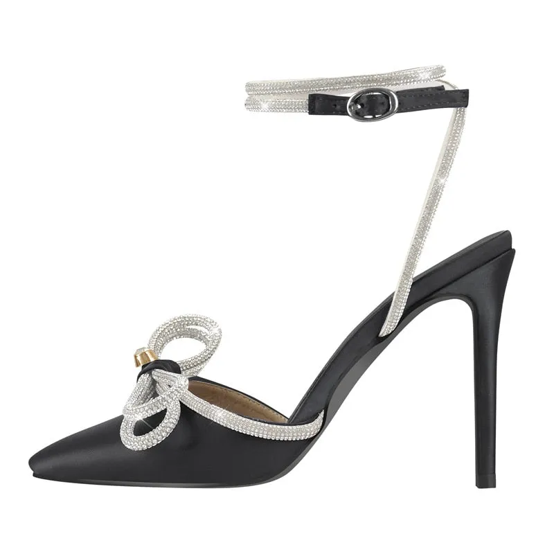 Pointed Toe Satin Butterfly Crystal Ankle Sandals