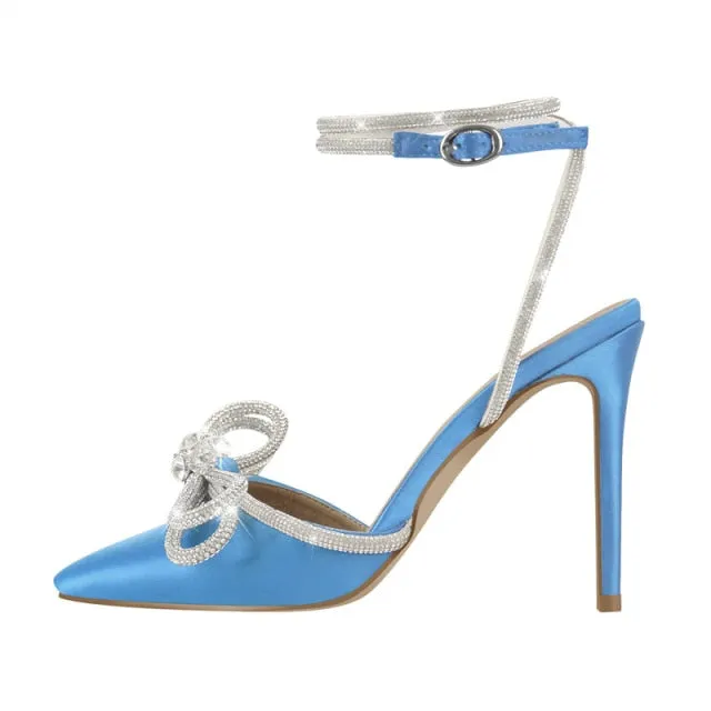 Pointed Toe Satin Butterfly Crystal Ankle Sandals