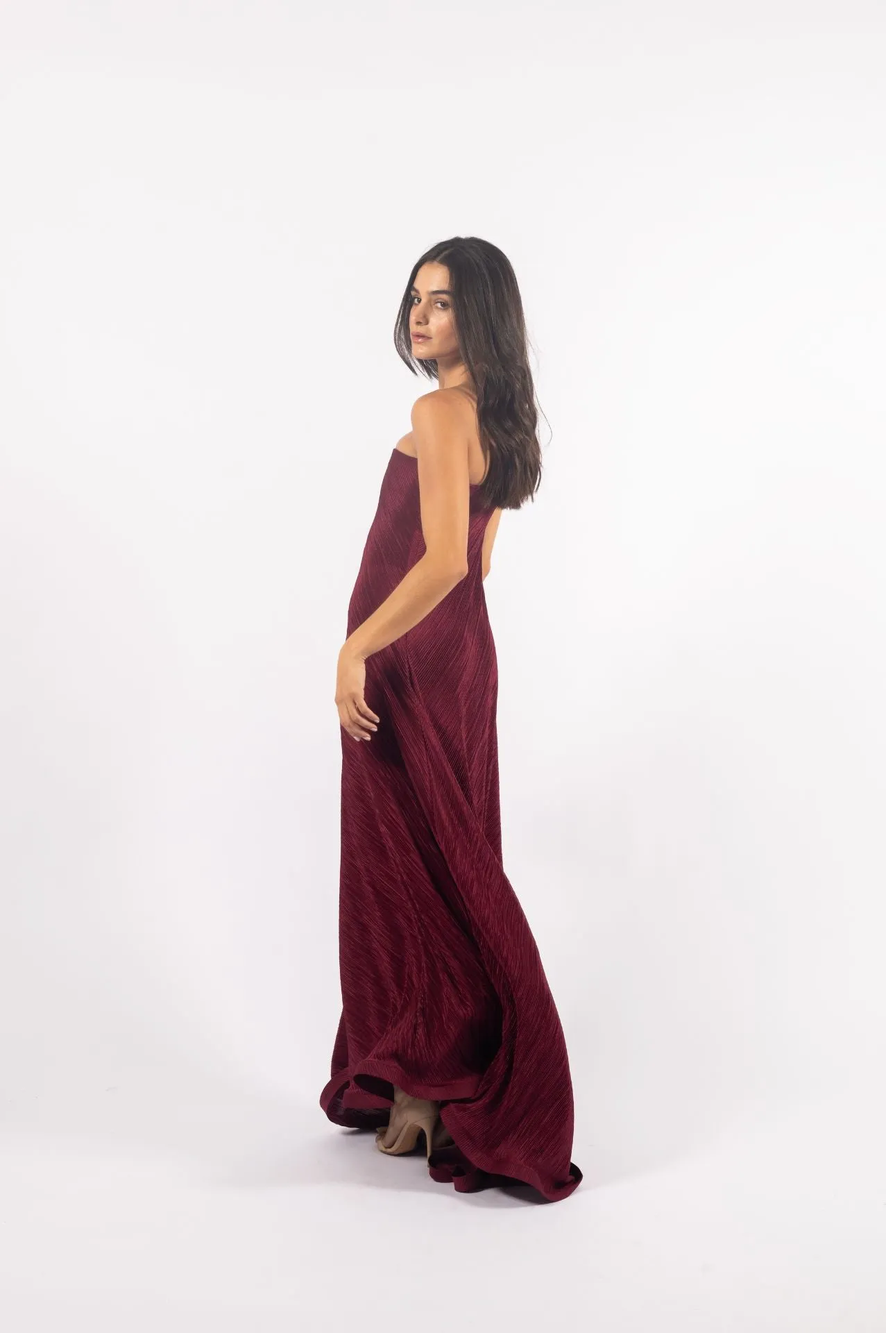 Serena Dress | Strapless Burgundy Pleated Dress with Flowy Silhouette