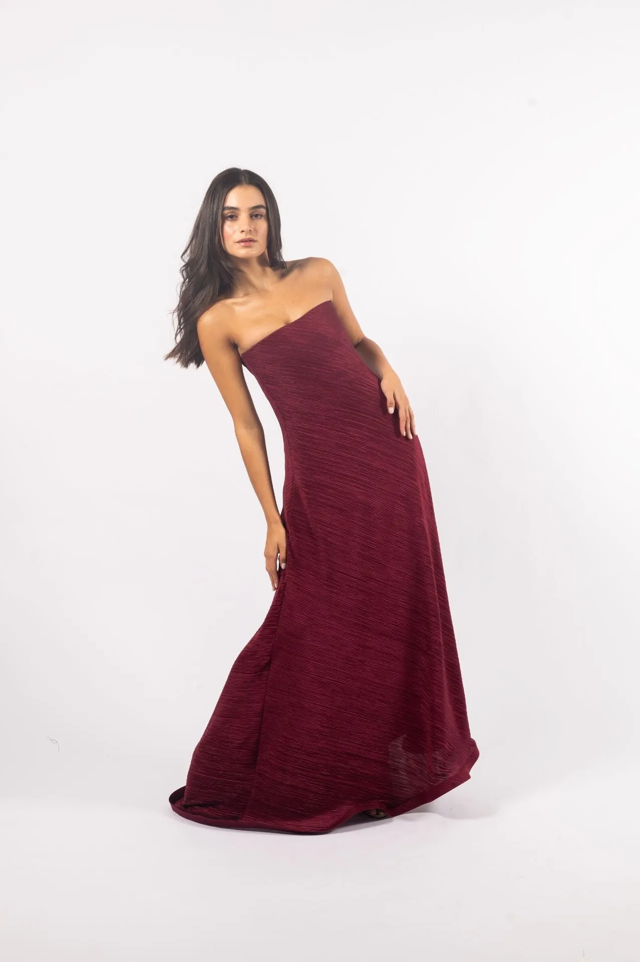 Serena Dress | Strapless Burgundy Pleated Dress with Flowy Silhouette