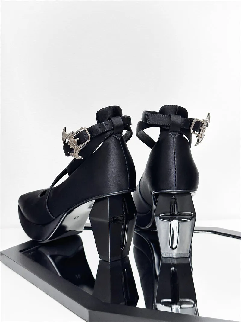 Toe Strap Goth High Elegant Square Teresa's Silk Prayer Heels