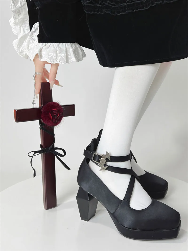 Toe Strap Goth High Elegant Square Teresa's Silk Prayer Heels