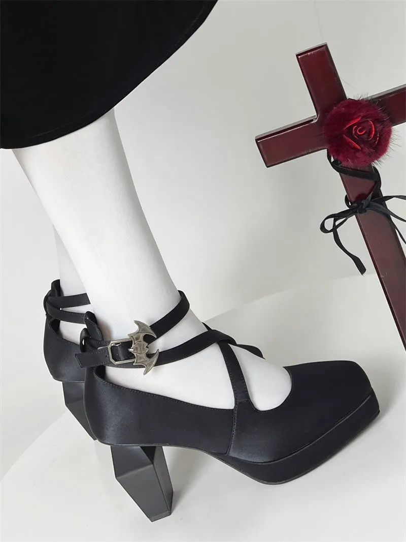 Toe Strap Goth High Elegant Square Teresa's Silk Prayer Heels